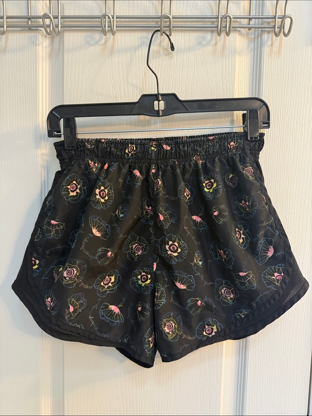 Nike Black Floral Print Athletic Shorts with Pink & Green Accents